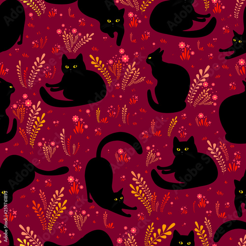 Black cat in different poses on a background of flowers, grass and dark  crimson background, seamless pattern. Vector surreal texture with animals, cartoon style