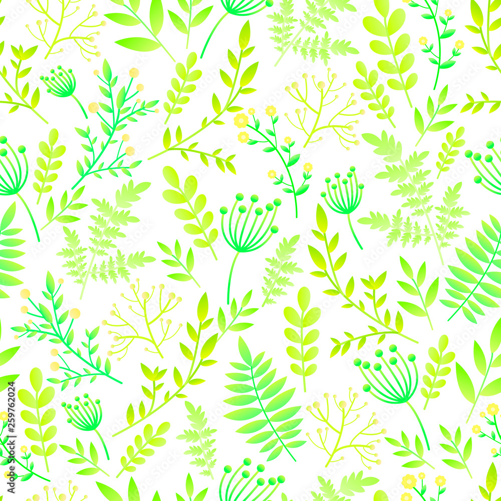 Seamless pattern with leafs and flowers. Botanical floral backdrop, gentle romantic, naive wild flowers, spring, summer time, nature in bloom. Original floral vector texture