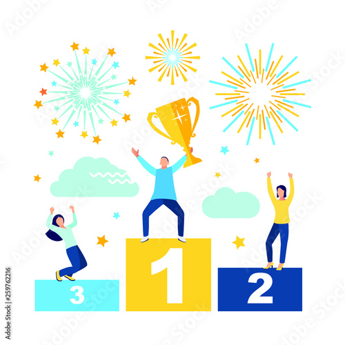 Landing Page or Banner with Happy Cartoon Character Sportsman. First Place, Gold Medal and Victory on Competition. Concept for website, Mobile app page, onboard screen. Flat style. Vector