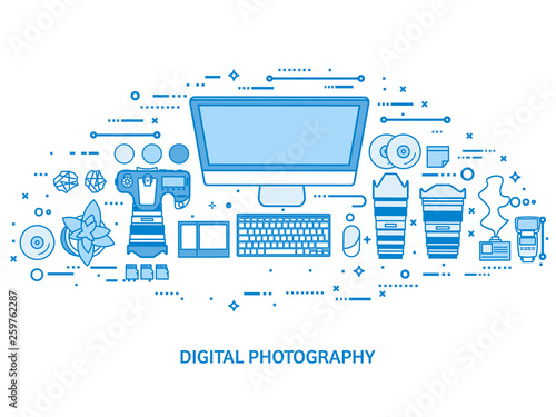 Photography tools, photo editing and photoshooting. Digital photocamera with lens. Flat blue outline background. Line art vector illustration.