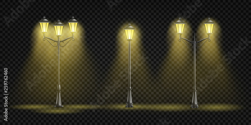 Vintage street lights glowing with yellow light 3d realistic vector set isolated on transparent background. Retro architecture design elements collection Victorian era lamppost, lantern illustration