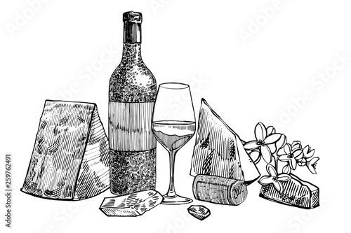 Composition of a bottle of wine, two glasses, parmesan cheese, grapes and leaves with olives. Hand drawn engraving style illustrations. Banners of wine vintage background.