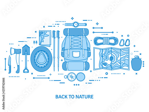 Travel and tourism. World map, earth globe. Trip tour journey, summer holidays. Traveling, exploring worldwide. Adventure expedition. Flat blue outline background. Line art vector illustration.