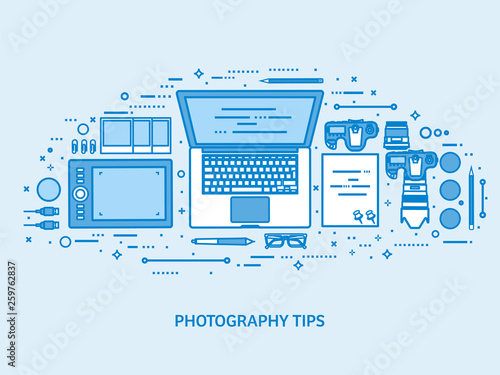 Photography tools, photo editing and photoshooting. Digital photocamera with lens. Flat blue outline background. Line art vector illustration.
