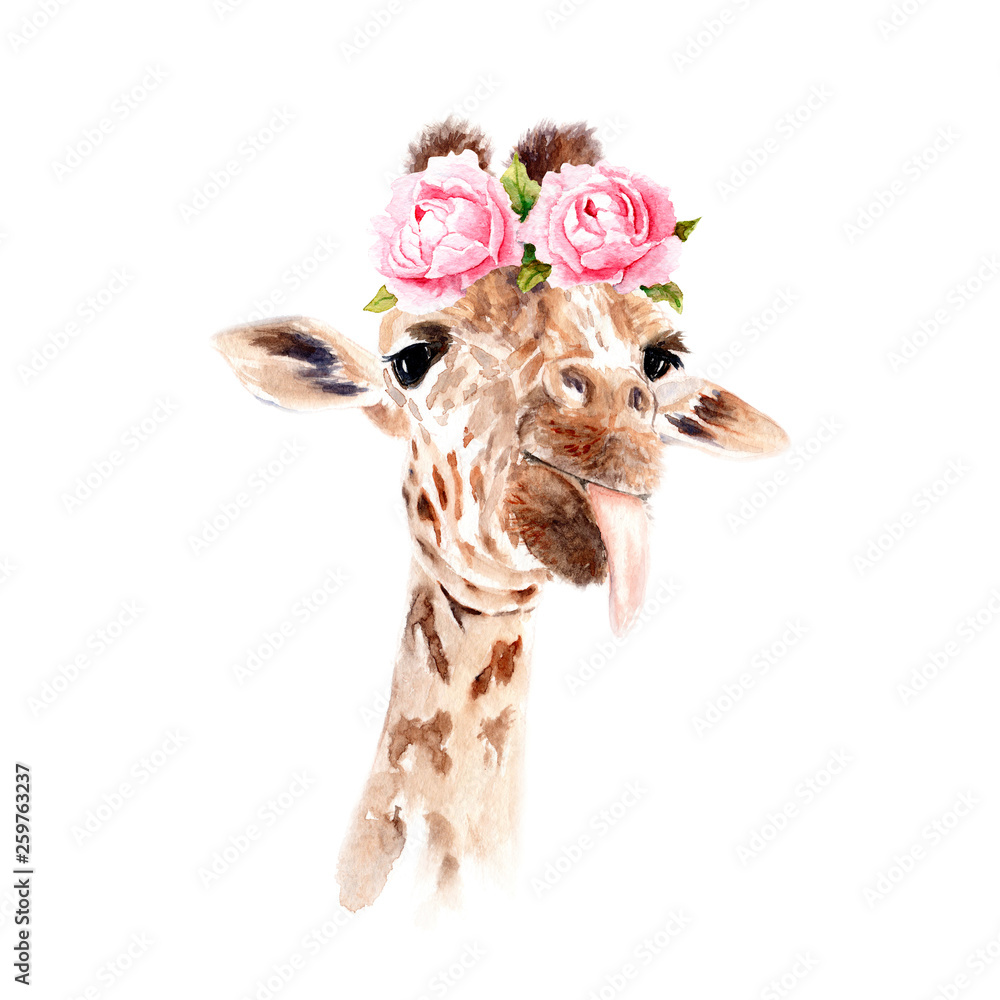 Fototapeta akwarela rysunek zwierzęcia - żyrafy w kwiatach