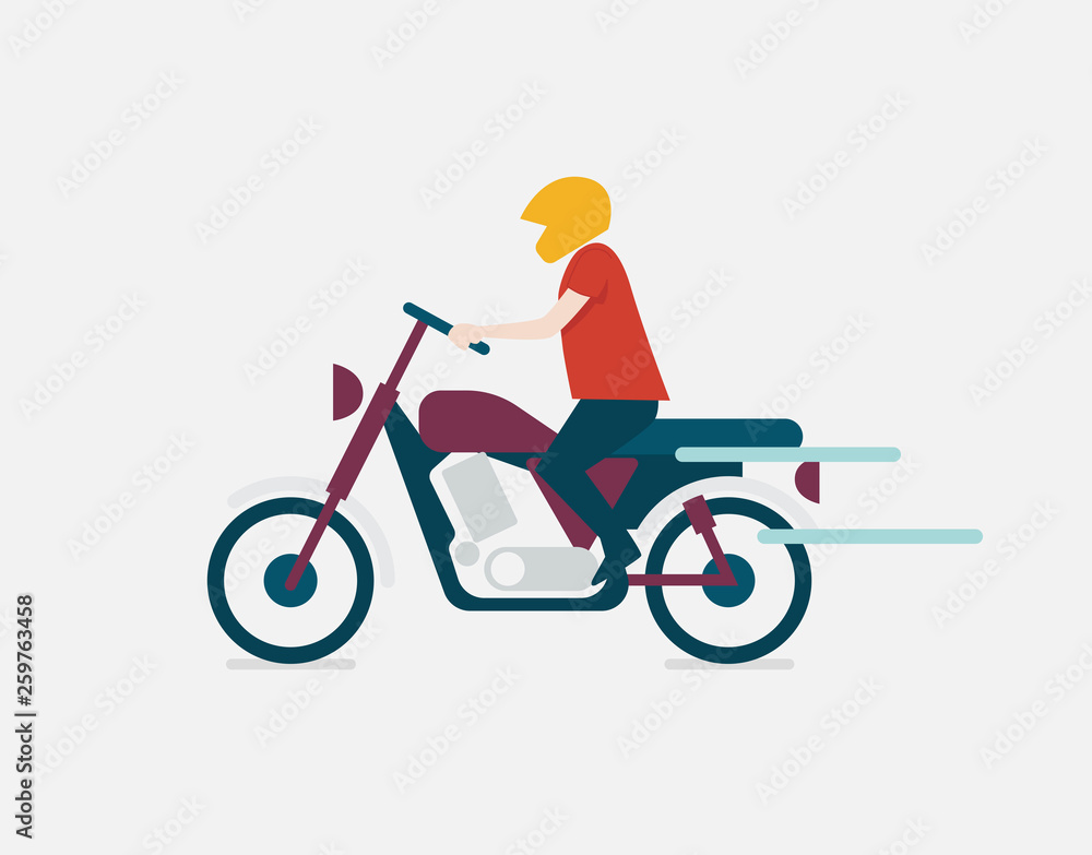 Man riding a motorbike with helmet. Isolated. Flat style vector illustration.
