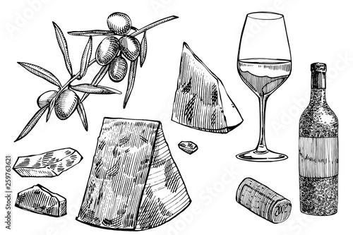 Set of vine products. Illustration in sketch style. Hand drawn design elements. Isolated on white background. Engraving style illustrations.