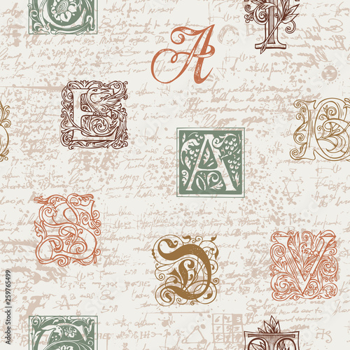 Vector seamless pattern with hand drawn alphabet letters on the abstract background in retro style. Old manuscript with unreadable text and colored initial letters, repeating vector background.