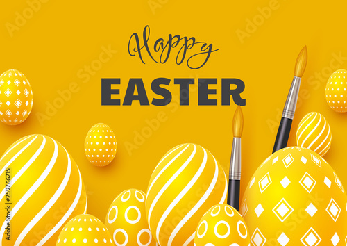 Happy Easter holiday background. 3d realistic eggs with brushes on yellow background. Vector illustration.