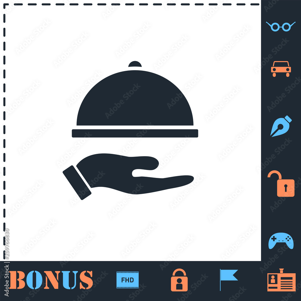 Restaurant cloche in hand icon flat Restaurant cloche in hand icon flat
