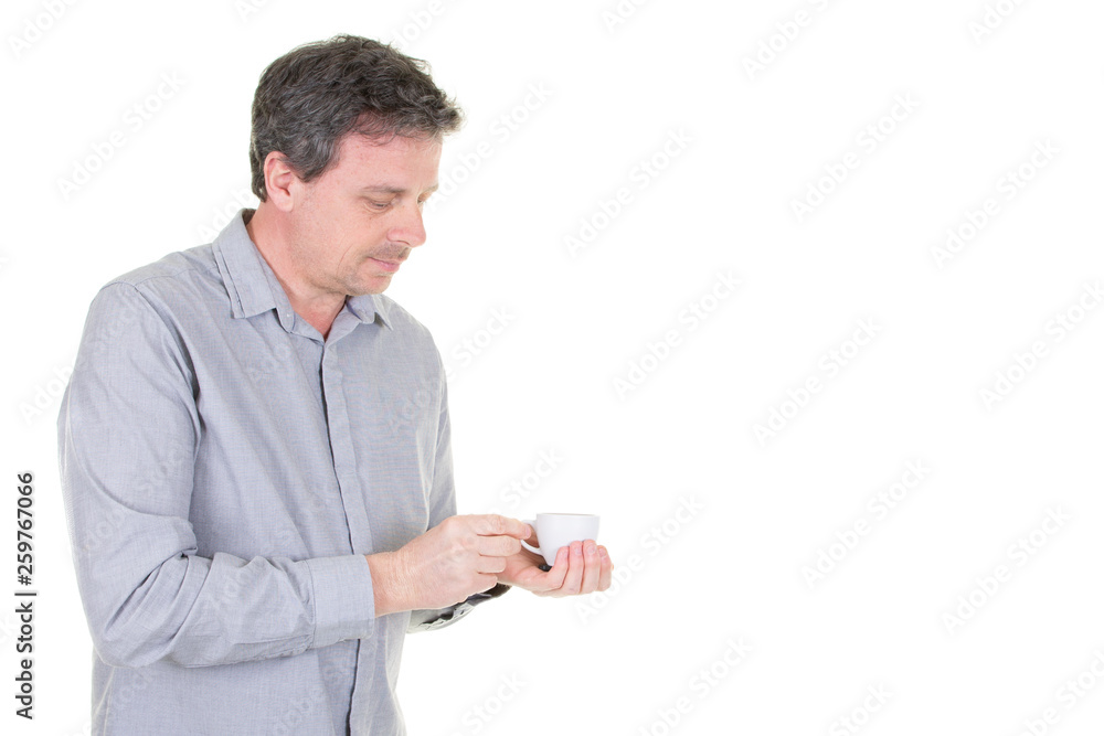 man in blue shirt shows a clean white Cup for your design Empty Isolated on white background man in blue shirt shows a clean white Cup for your design Empty Isolated on white background