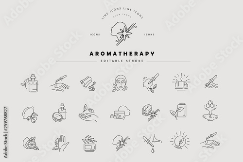 Vector icon and logo for aromatherapy. Editable outline stroke size. Line flat contour, thin and linear design. Simple icons. Concept illustration. Sign, symbol, element.