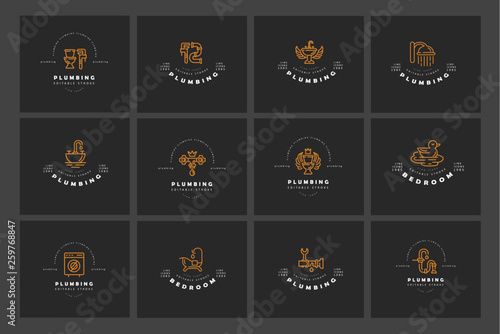 Vector icon and logo of plumbing. Editable outline stroke size. Line flat contour, thin and linear design. Simple icons. Concept illustration. Sign, symbol, element.