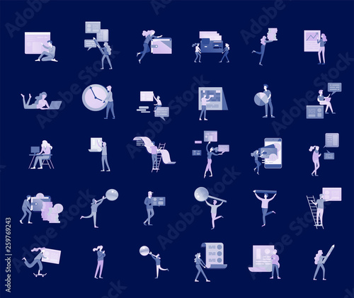 Office business people concept, management and administration. Character people planing, web desidn, businessmen discuss social network, news, social networks. Flat vector illustration.