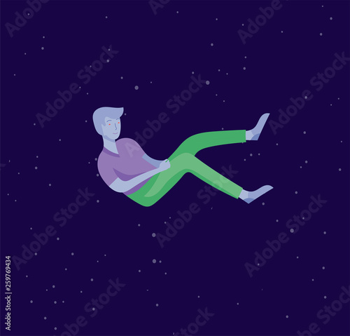 Inspired man flying in space. Character moving and floating in dreams, imagination and inspiration. Flat design style, vector illustration.
