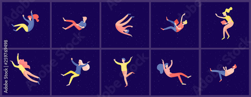 Inspired People flying in space and interacting with gadgets and papers. Characters set moving and floating in dreams, imagination and inspiration. Flat design style, vector illustration.
