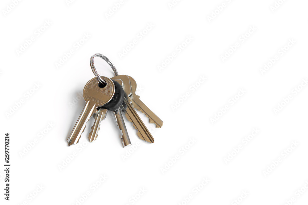 Several keys on a white isolated background, the keys to the apartment. Several keys on a white isolated background, the keys to the apartment.