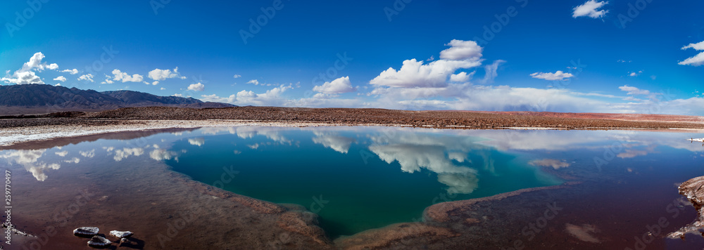 Panorama cloud reflections on the salt flat laguna escondida in the San Pedro de Atacama desert