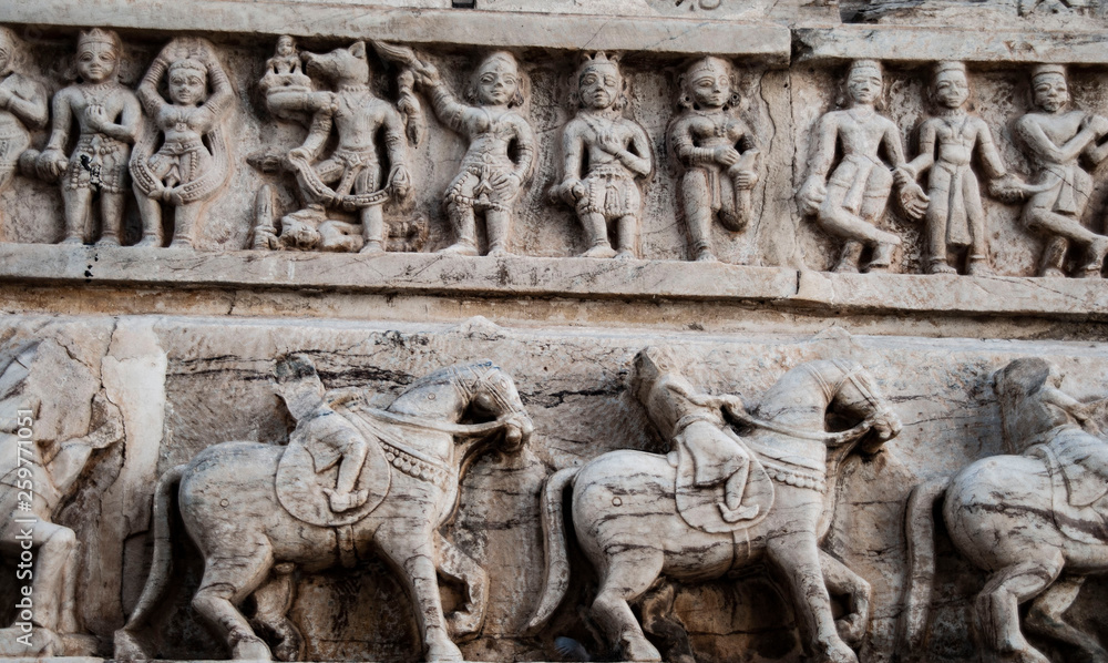 Decorative carving on rheJagdish temple in Udaipur, India