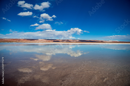 Cloud reflections in the laguna escondida in the San Pedro de Atacama desert Salt flat