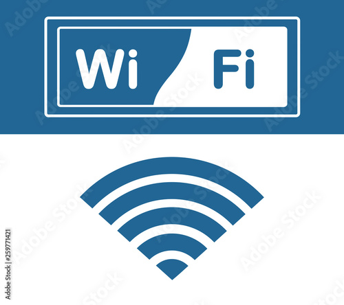 Wifi icon, wifi label, wifi word. Internet connection zone. Blue and white colors.