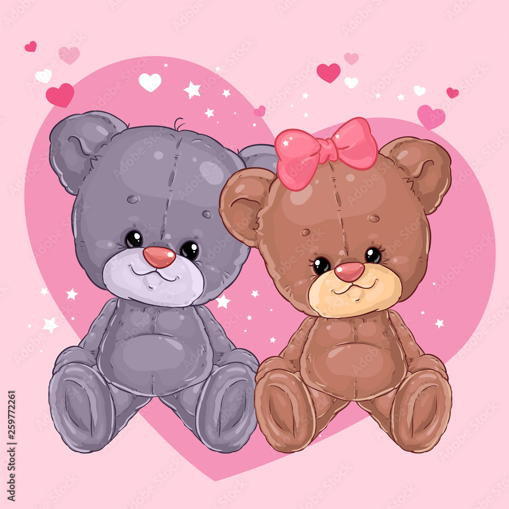Vetor de Two cute teddy bears a boy and a girl are sitting on the  background of a big heart. Card for Valentine's. do Stock