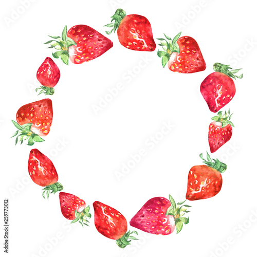 painted watercolor wreath of colorful hand drawn strawberries