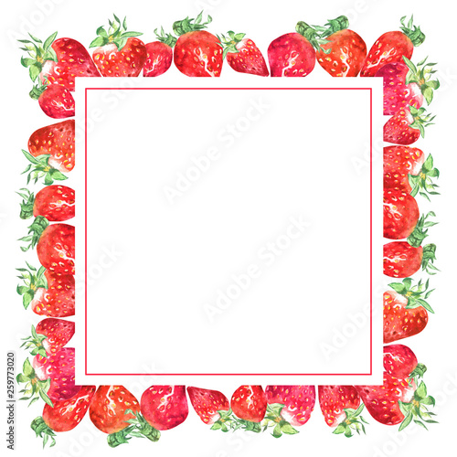 painted watercolor frame of colorful hand drawn strawberries