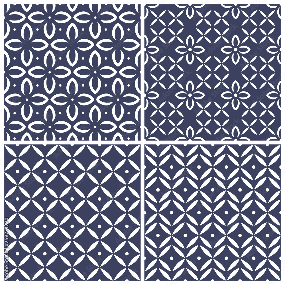 Set of simple elegance seamless pattern for tile, scrapbook, patchwork. Tracery on dark blue background