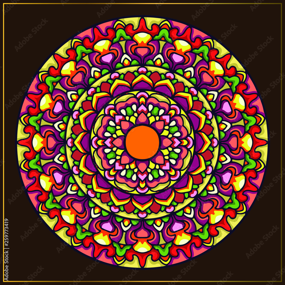 Ethnic mandala art with rounded abstract floral motifs