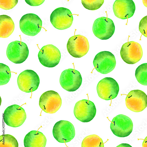 Seamless watercolor pattern of green apples on white background
