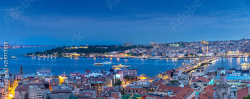 ISTANBUL, TURKEY, 24.05.2018: Panoramic view of historical peninsula, Golden Horn and the sea of Marmara by night photo
