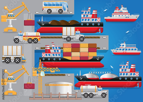 Seaport. Side view. Vector illustration.