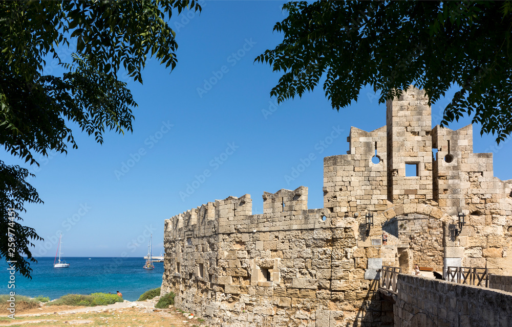 medieval stone fortress on the Mediterranean coast, Rhodes island, Greece