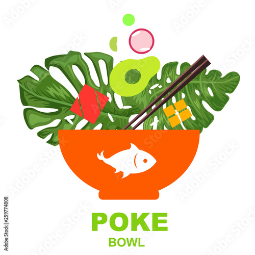 Healthy food poke bowl and palm leaves on white background.