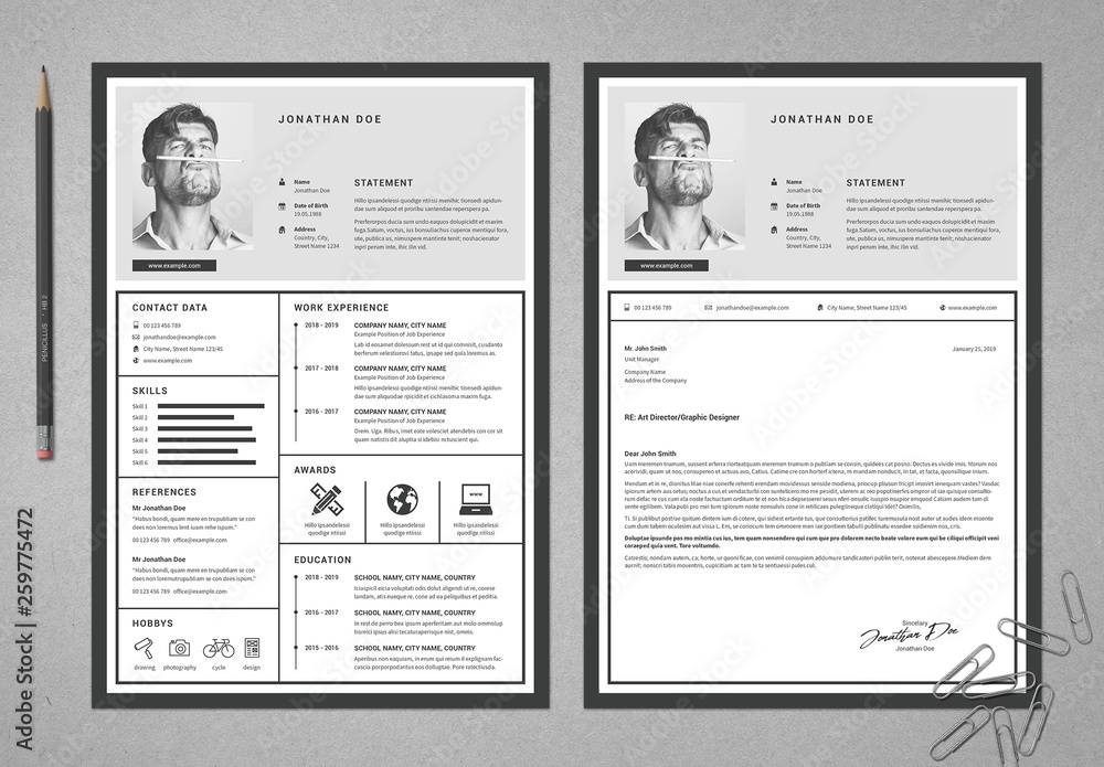 Resume and Cover Letter Layout in Grayscale Stock Template Adobe Stock