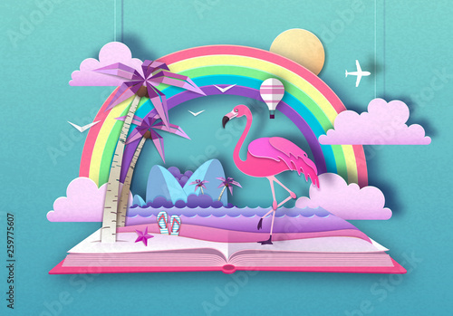 Open fairy tale book with flamingo and tropic beach landscape. Cut out paper art style design
