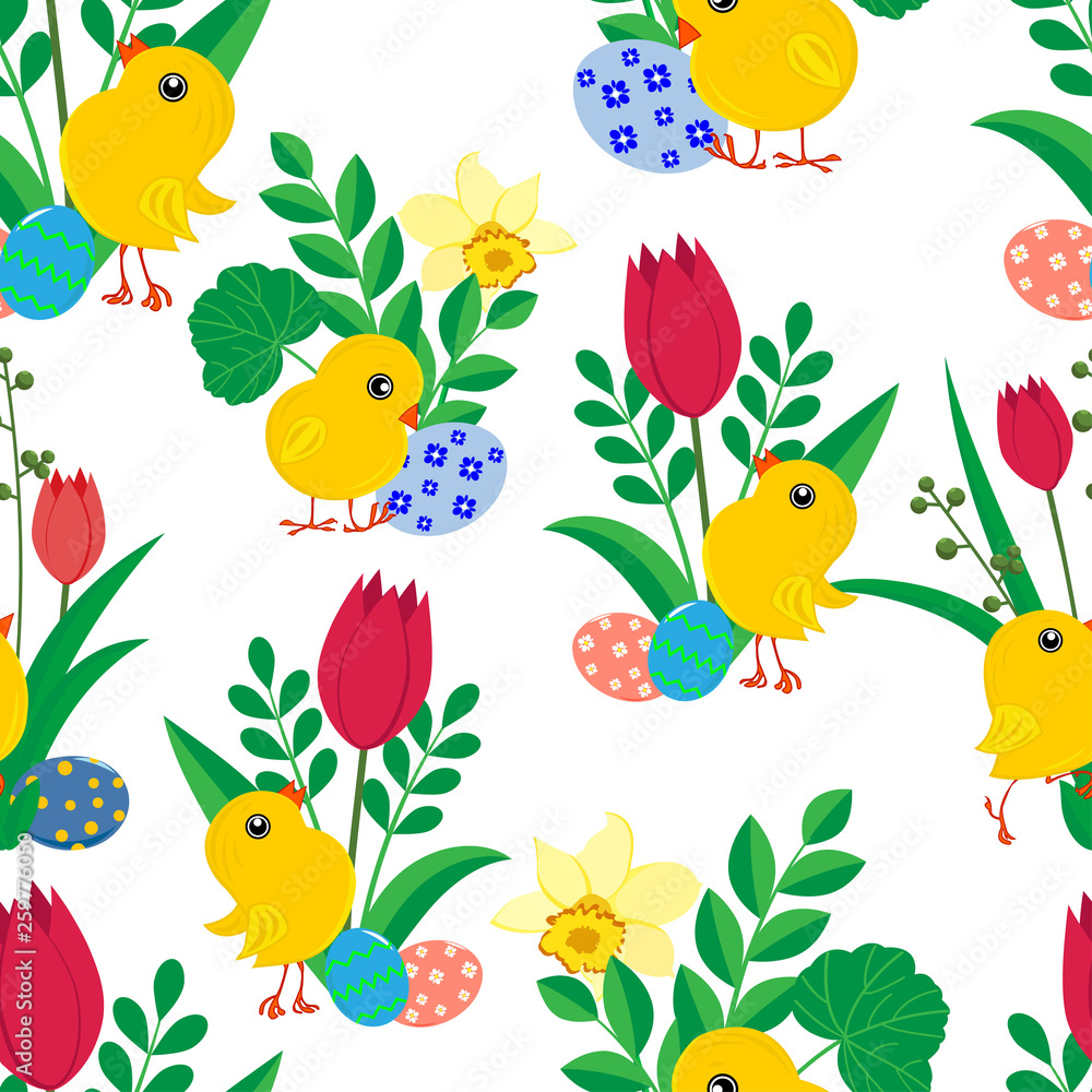 seamless pattern with cute Easter Chicks, bright colored eggs, daffodils and tulips on white background seamless pattern with cute Easter Chicks, bright colored eggs, daffodils and tulips on white background