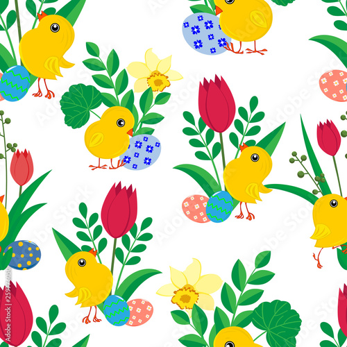 seamless pattern with cute Easter Chicks, bright colored eggs, daffodils and tulips on white background