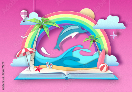 Open fairy tale book with dolphin and tropic beach landscape. Cut out paper art style design