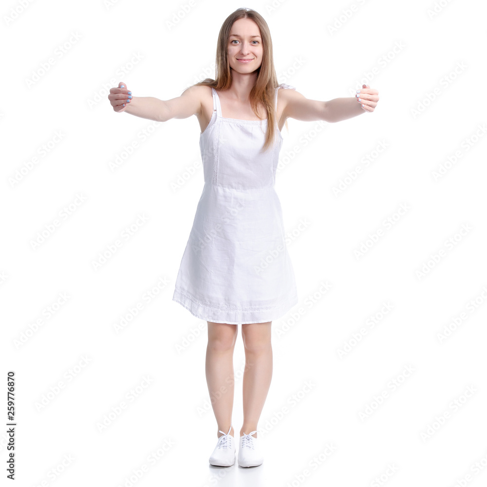 Woman in white dress hugs open arms on white background isolation