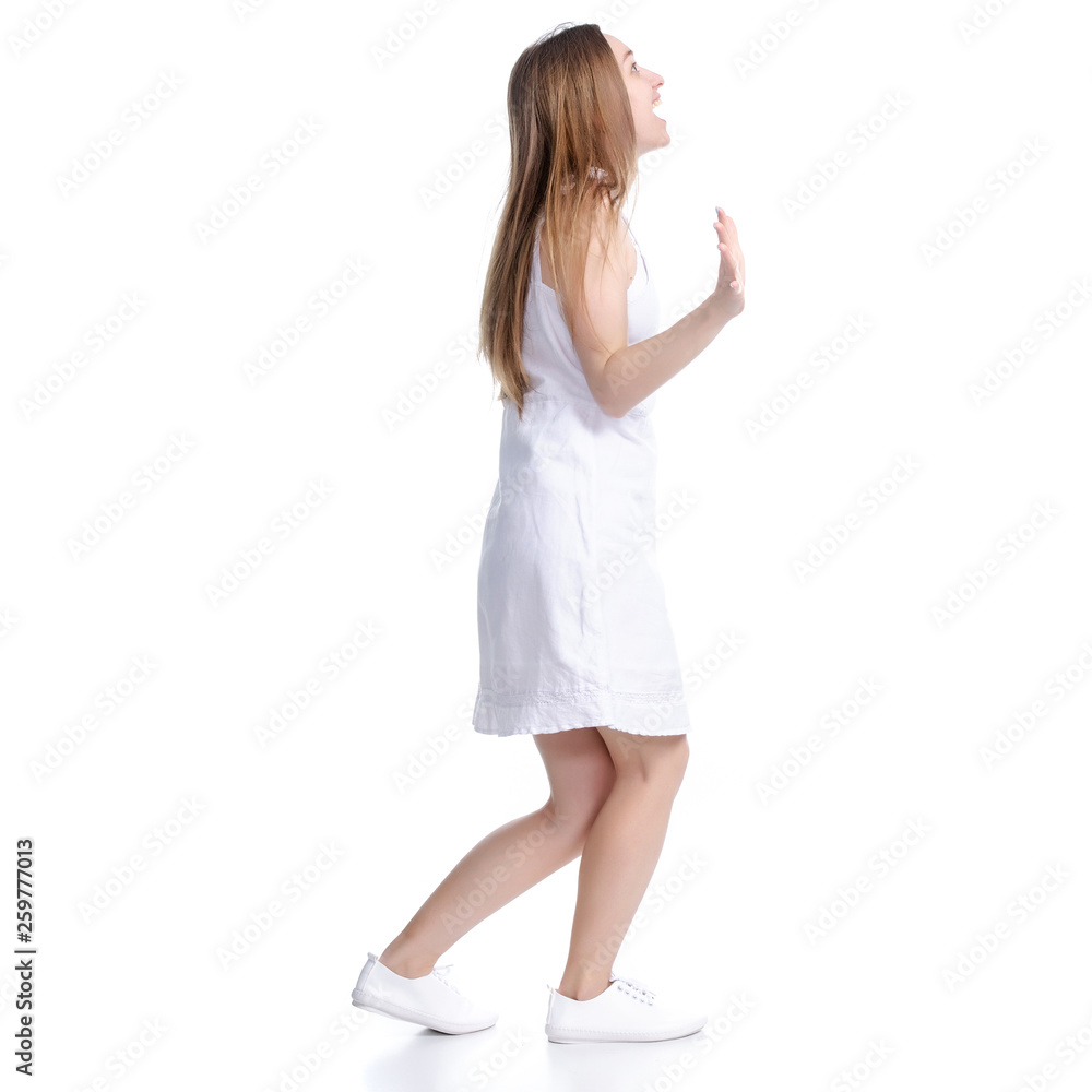 Woman in white dress standing smiling looking happiness laughs on white background isolation Woman in white dress standing smiling looking happiness laughs on white background isolation