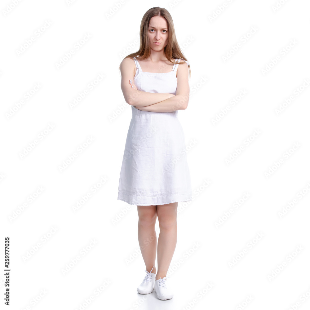 Woman in white dress angry offended on white background isolation Woman in white dress angry offended on white background isolation