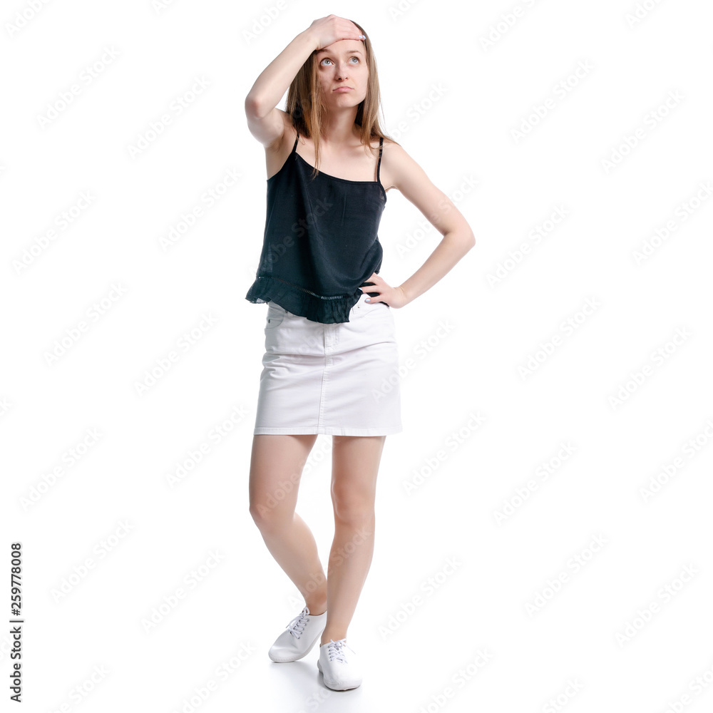 Woman holding head tired on white background isolation Woman holding head tired on white background isolation