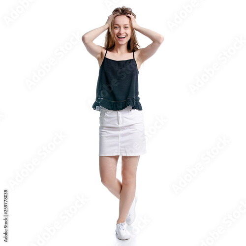 Woman showing positive emotion smiling happiness on white background isolation © Kabardins photo