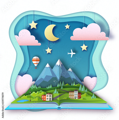 Open fairy tale book with countryside mountains landscape. Cut out paper art style design