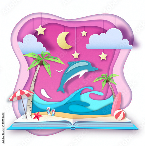 Open fairy tale book with dolphin and tropic beach landscape. Cut out paper art style design