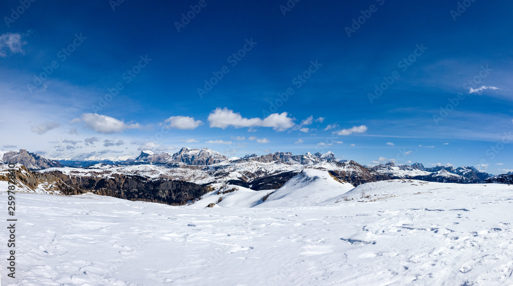 Mountains of Cortina d'Ampezzo seen from the Marmolada on a beautiful sunny day, Dolomites, Italy