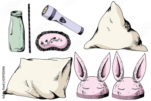 Pajama sleepover party stickers set elements on white background
