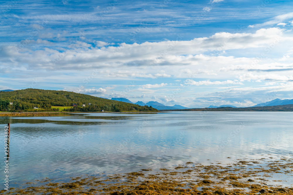 View of the Sandnessundet strait and Hakoya island from Kvaloya in Troms county, Norway.